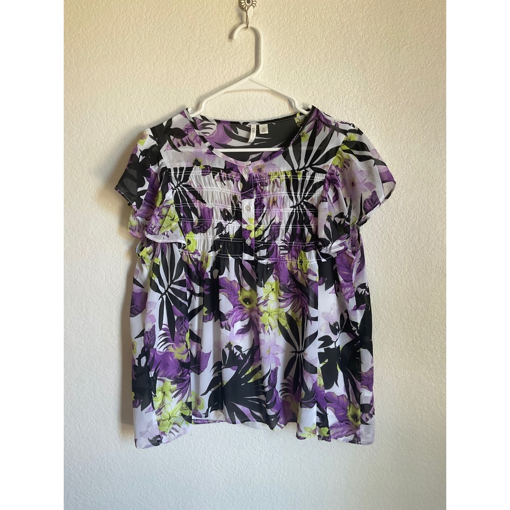 Cato Women XL Purple Black Floral Smocked Blouse Flutter Sleeve Lined Tropical